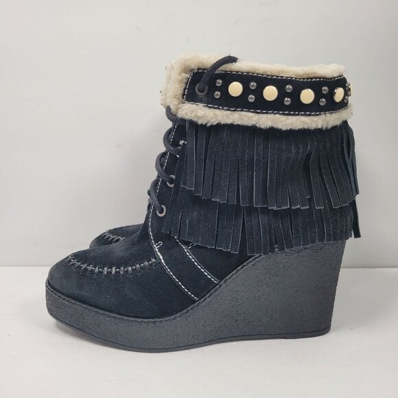 Sam Edelman Black Suede Leather Fringe Studded Kemper Boots US Size 8.5M - Picture 2 of 12